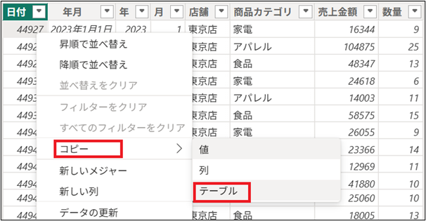 Power BI Desktopのデータビューからコピーする手順