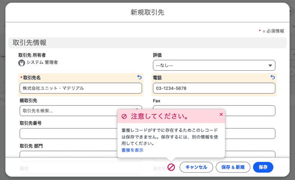 重複ルールによるブロックのエラーメッセージ