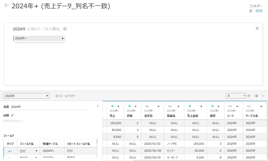 列名不一致をユニオン