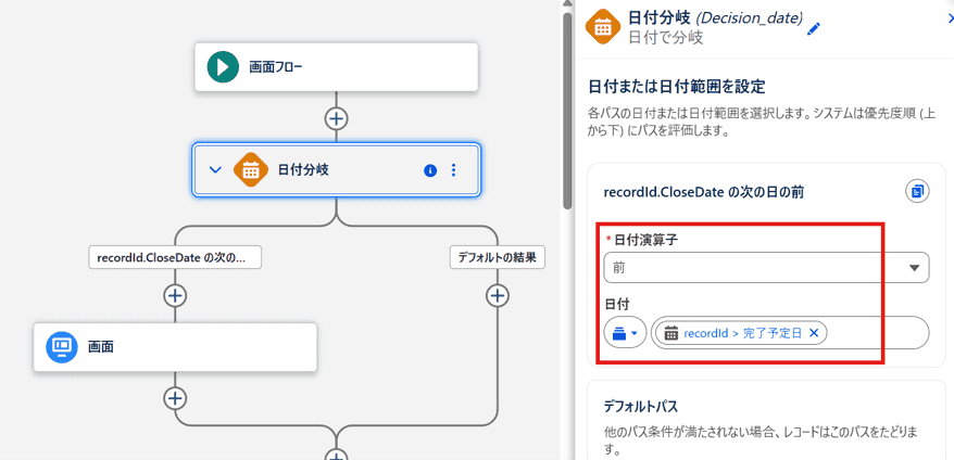 商談の完了予定日を比較日付として指定した例